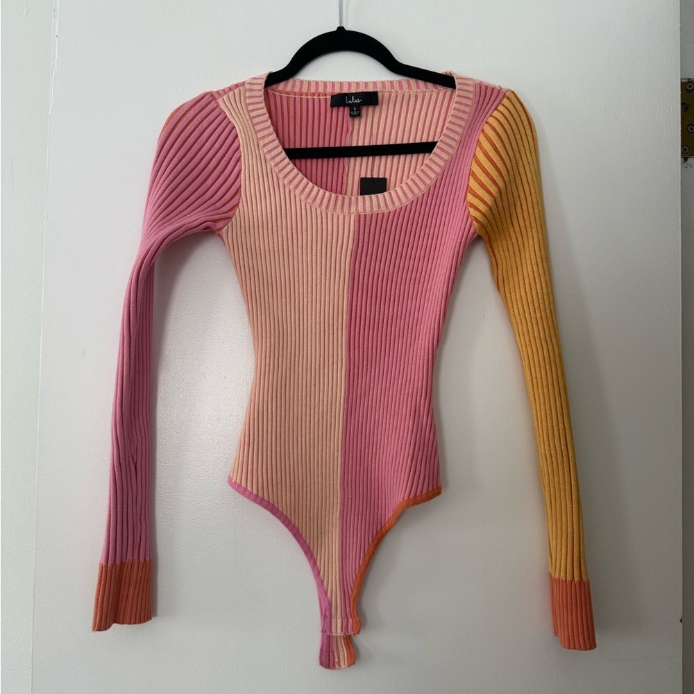 Lulu's Pink and Yellow Ribbed Bodysuit